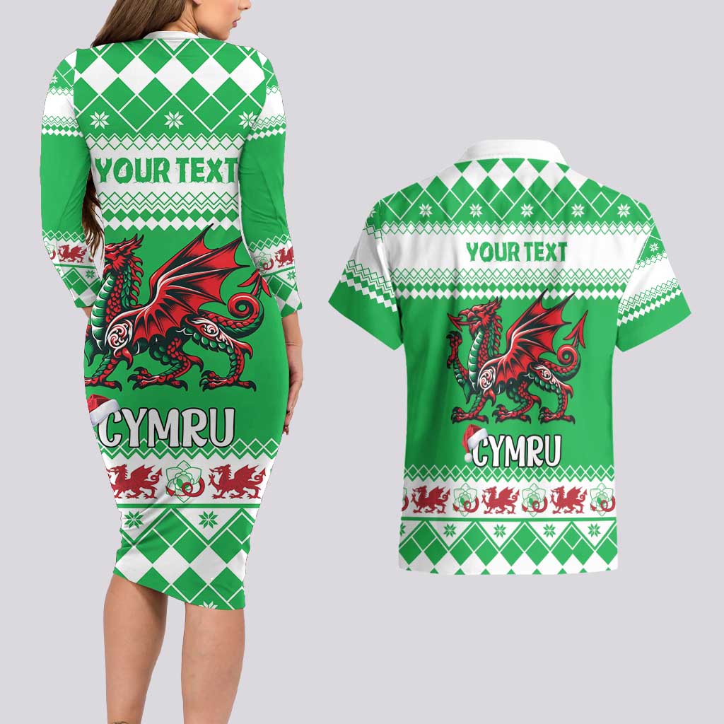 Personalized Wales Christmas Dragon Couples Matching Long Sleeve Bodycon Dress and Hawaiian Shirt Nadolig Llawen Green Version - Wonder Print Shop