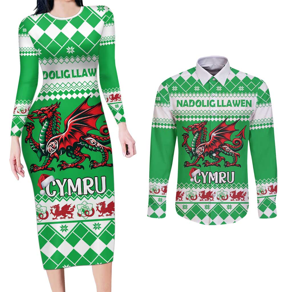 Personalized Wales Christmas Dragon Couples Matching Long Sleeve Bodycon Dress and Long Sleeve Button Shirt Nadolig Llawen Green Version - Wonder Print Shop
