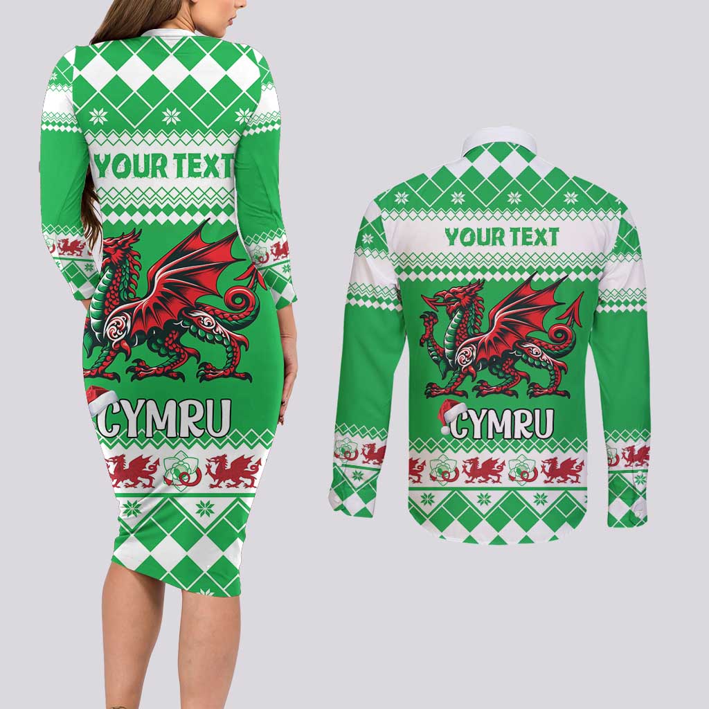 Personalized Wales Christmas Dragon Couples Matching Long Sleeve Bodycon Dress and Long Sleeve Button Shirt Nadolig Llawen Green Version - Wonder Print Shop