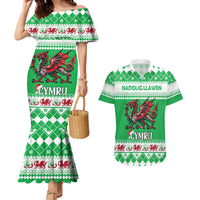 Personalized Wales Christmas Dragon Couples Matching Mermaid Dress and Hawaiian Shirt Nadolig Llawen Green Version - Wonder Print Shop