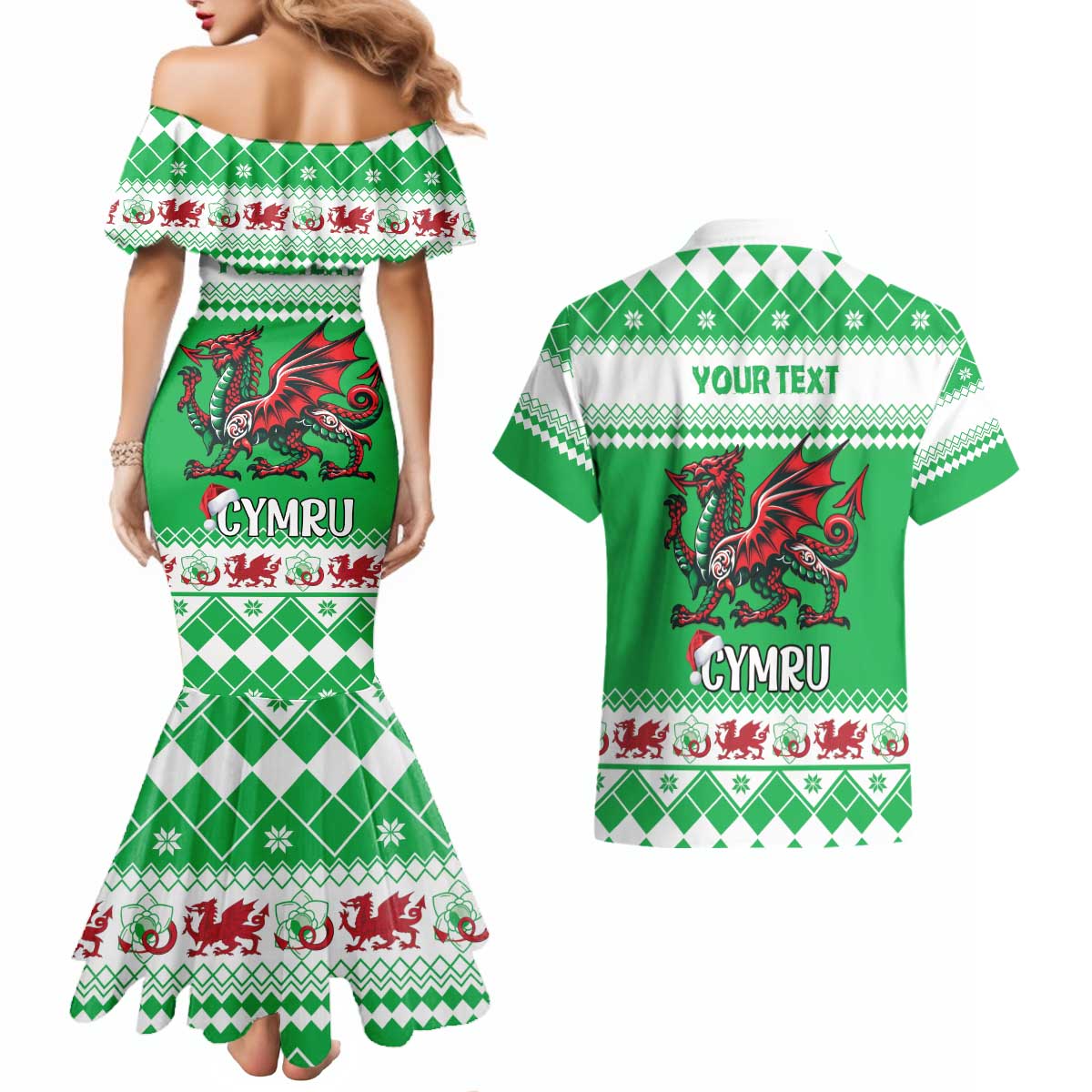 Personalized Wales Christmas Dragon Couples Matching Mermaid Dress and Hawaiian Shirt Nadolig Llawen Green Version - Wonder Print Shop