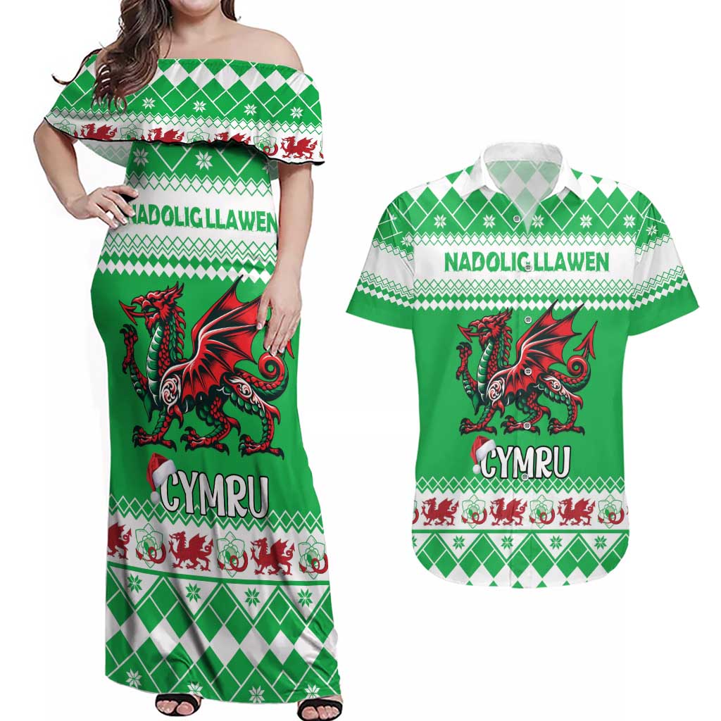Personalized Wales Christmas Dragon Couples Matching Off Shoulder Maxi Dress and Hawaiian Shirt Nadolig Llawen Green Version - Wonder Print Shop