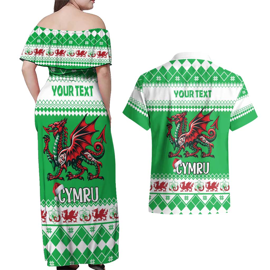 Personalized Wales Christmas Dragon Couples Matching Off Shoulder Maxi Dress and Hawaiian Shirt Nadolig Llawen Green Version - Wonder Print Shop