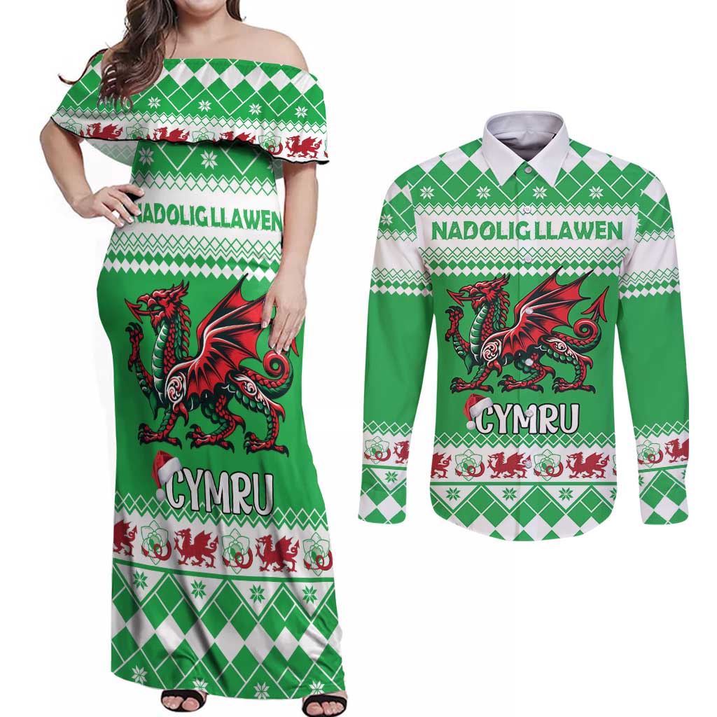Personalized Wales Christmas Dragon Couples Matching Off Shoulder Maxi Dress and Long Sleeve Button Shirt Nadolig Llawen Green Version - Wonder Print Shop