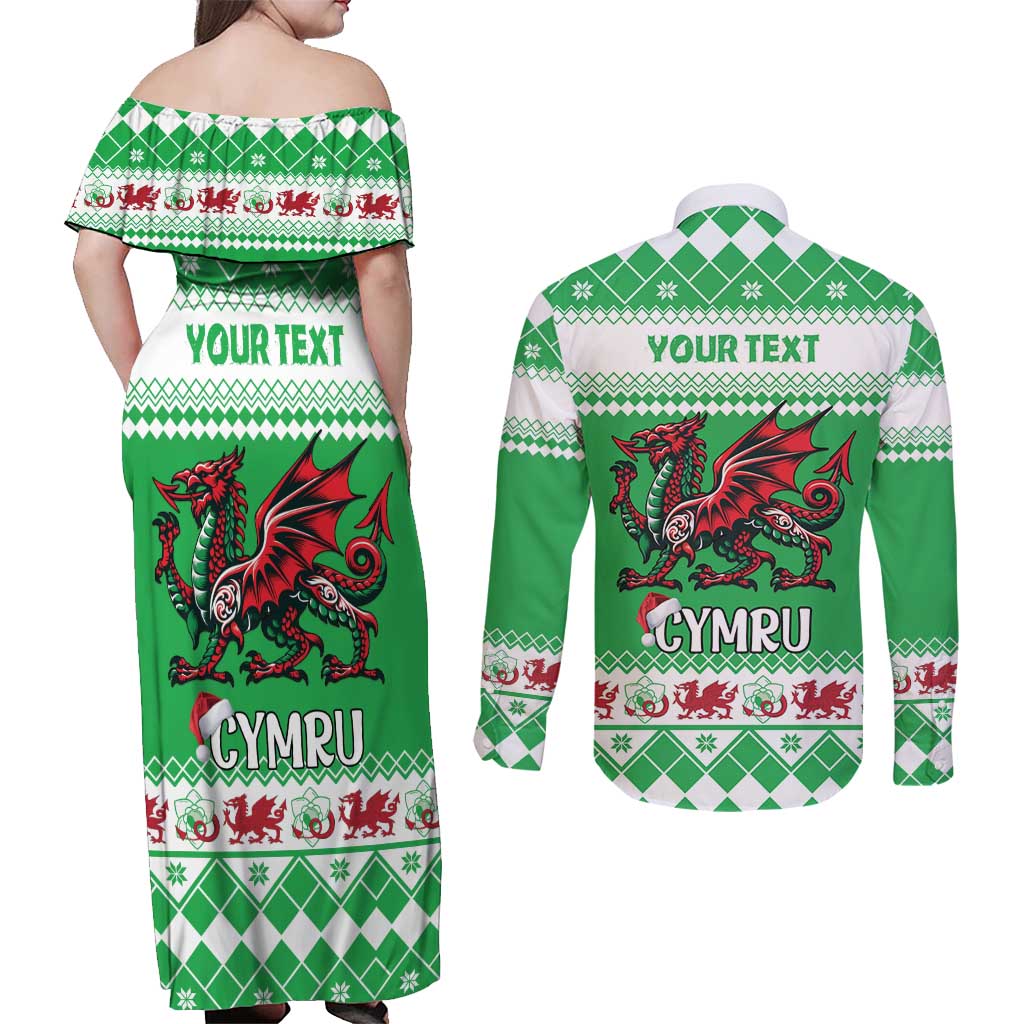Personalized Wales Christmas Dragon Couples Matching Off Shoulder Maxi Dress and Long Sleeve Button Shirt Nadolig Llawen Green Version - Wonder Print Shop