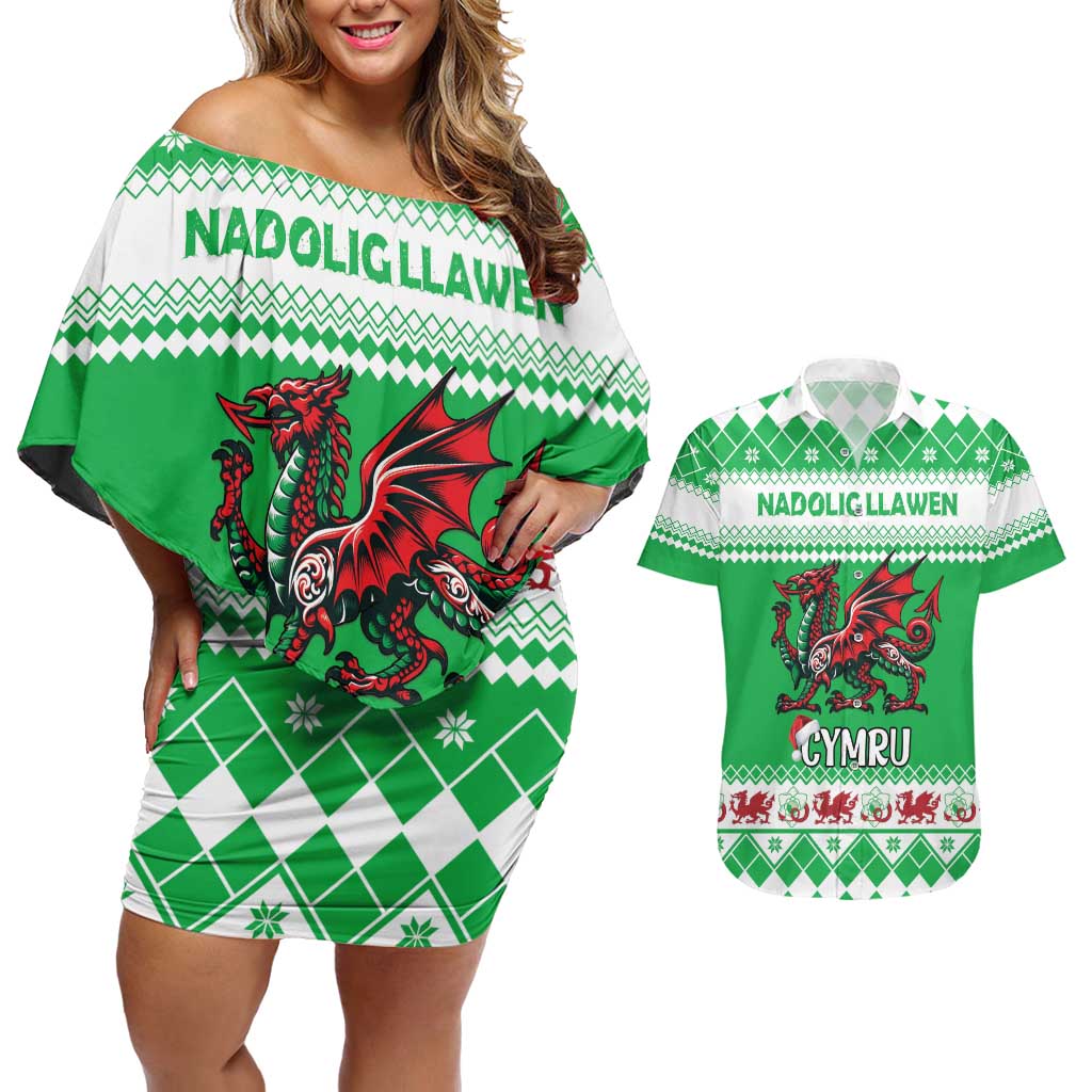 Personalized Wales Christmas Dragon Couples Matching Off Shoulder Short Dress and Hawaiian Shirt Nadolig Llawen Green Version - Wonder Print Shop