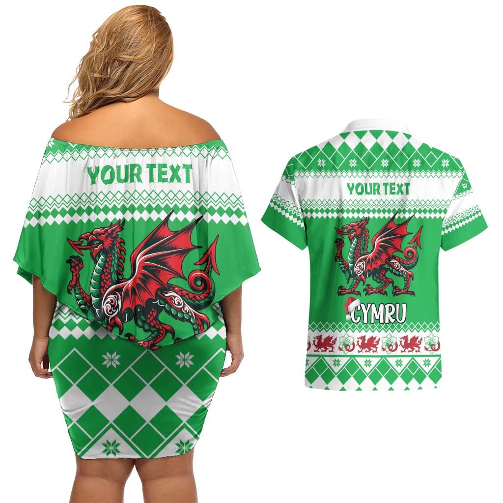Personalized Wales Christmas Dragon Couples Matching Off Shoulder Short Dress and Hawaiian Shirt Nadolig Llawen Green Version - Wonder Print Shop