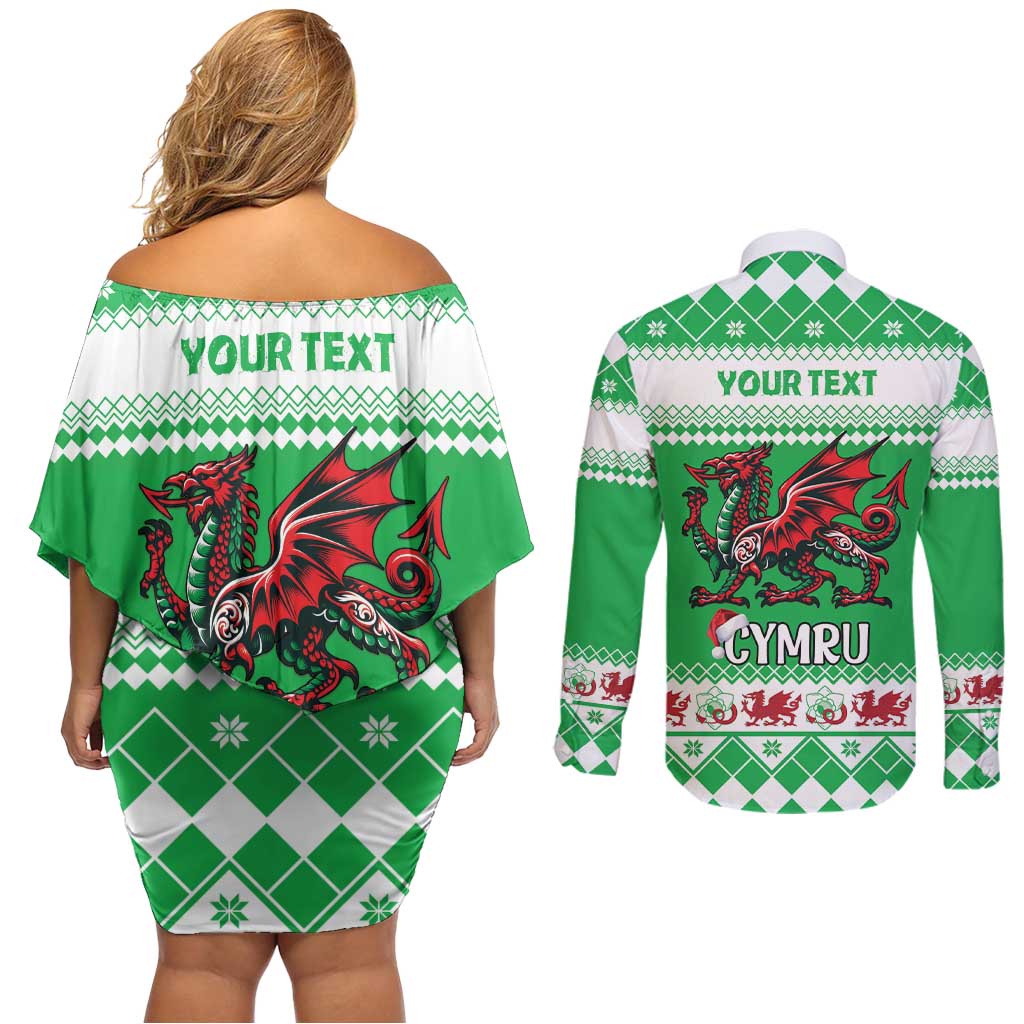 Personalized Wales Christmas Dragon Couples Matching Off Shoulder Short Dress and Long Sleeve Button Shirt Nadolig Llawen Green Version - Wonder Print Shop