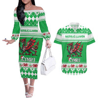 Personalized Wales Christmas Dragon Couples Matching Off The Shoulder Long Sleeve Dress and Hawaiian Shirt Nadolig Llawen Green Version - Wonder Print Shop