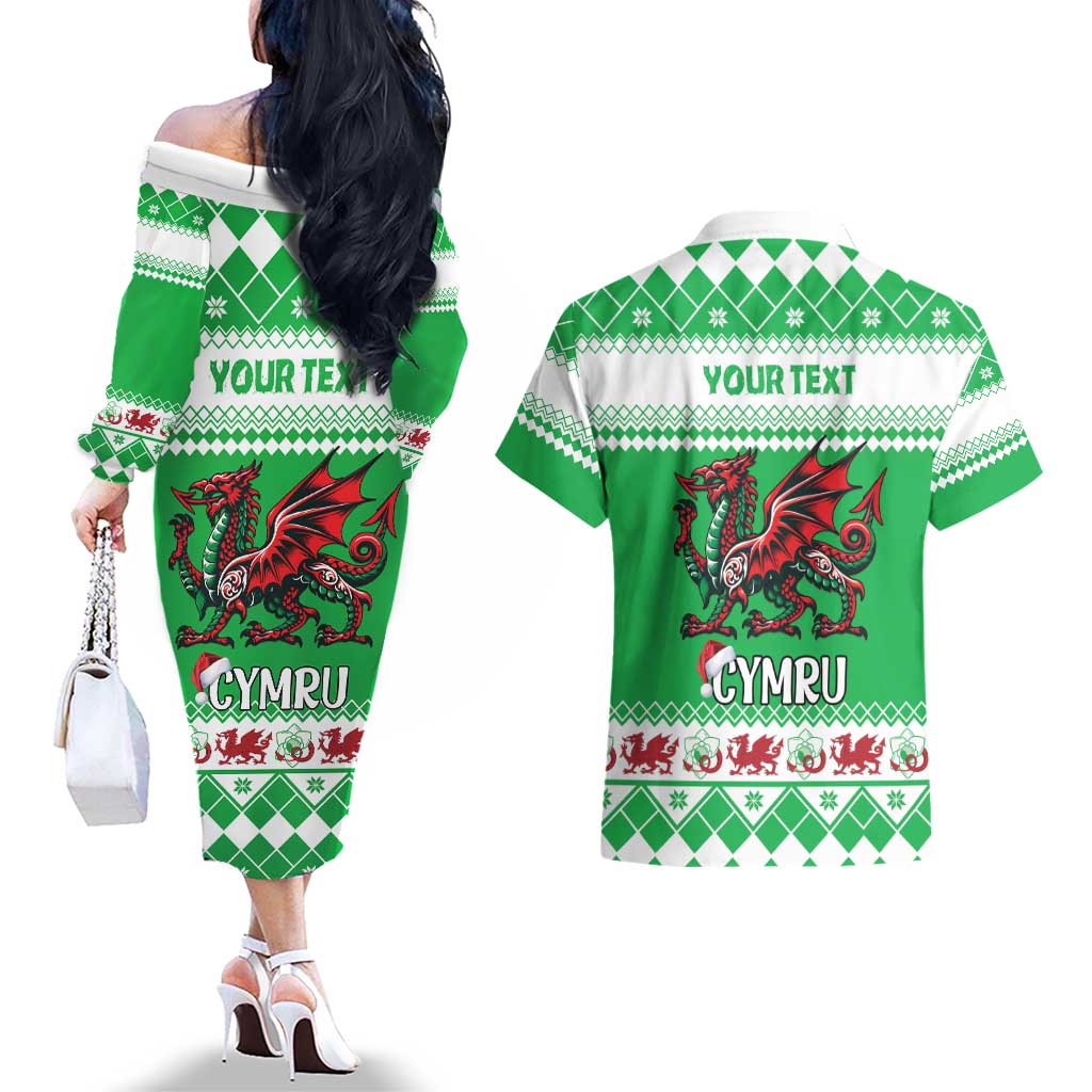 Personalized Wales Christmas Dragon Couples Matching Off The Shoulder Long Sleeve Dress and Hawaiian Shirt Nadolig Llawen Green Version - Wonder Print Shop