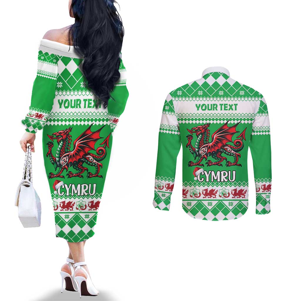 Personalized Wales Christmas Dragon Couples Matching Off The Shoulder Long Sleeve Dress and Long Sleeve Button Shirt Nadolig Llawen Green Version - Wonder Print Shop