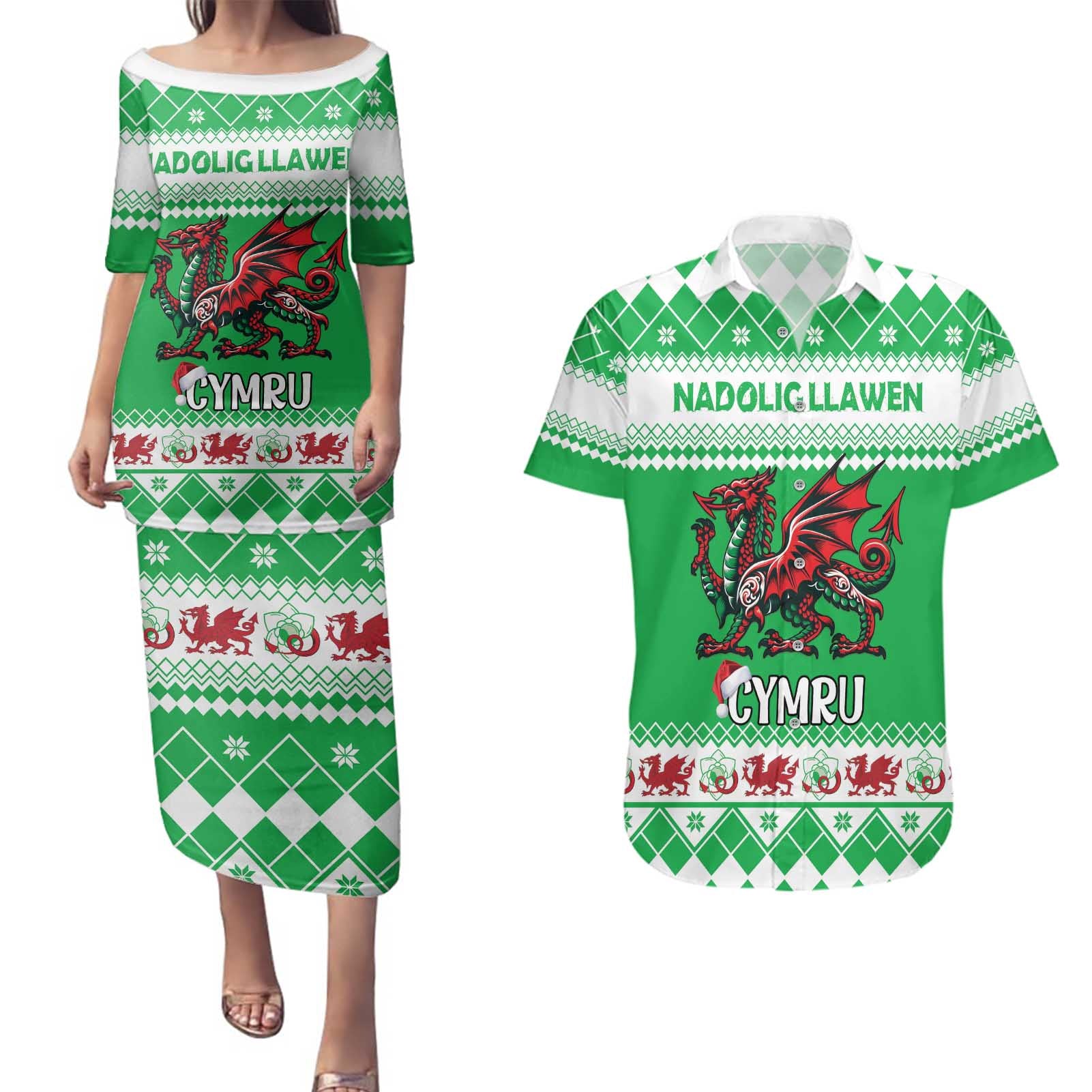 Personalized Wales Christmas Dragon Couples Matching Puletasi and Hawaiian Shirt Nadolig Llawen Green Version - Wonder Print Shop