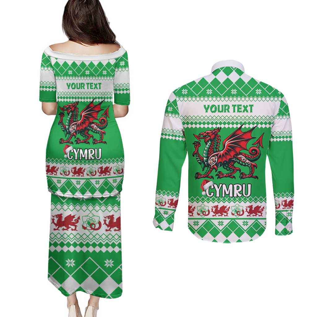 Personalized Wales Christmas Dragon Couples Matching Puletasi and Long Sleeve Button Shirt Nadolig Llawen Green Version - Wonder Print Shop