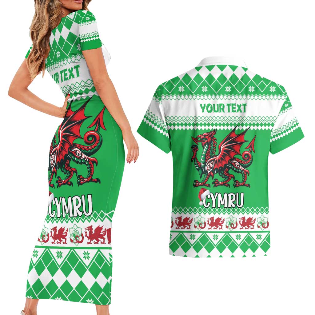 Personalized Wales Christmas Dragon Couples Matching Short Sleeve Bodycon Dress and Hawaiian Shirt Nadolig Llawen Green Version - Wonder Print Shop