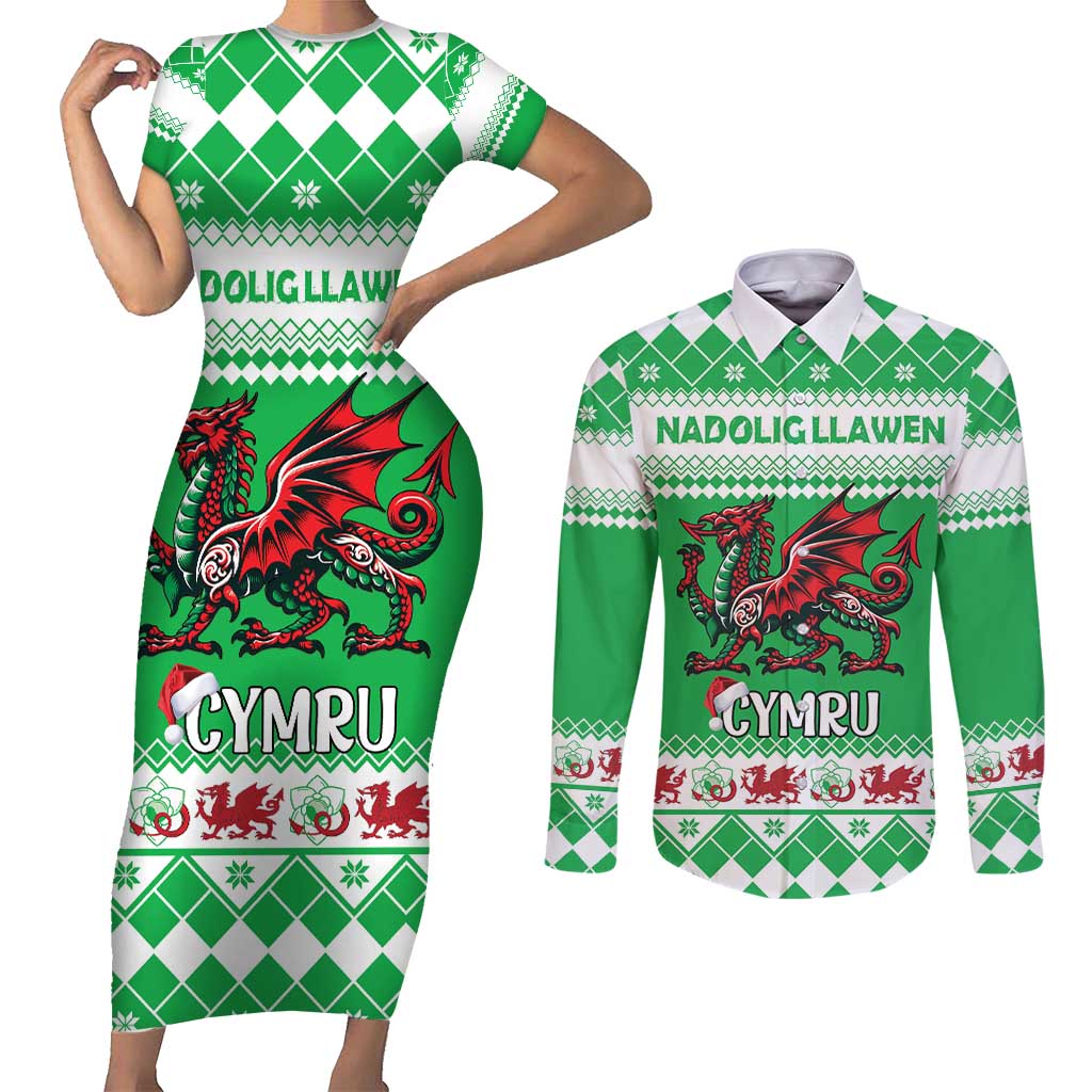 Personalized Wales Christmas Dragon Couples Matching Short Sleeve Bodycon Dress and Long Sleeve Button Shirt Nadolig Llawen Green Version - Wonder Print Shop