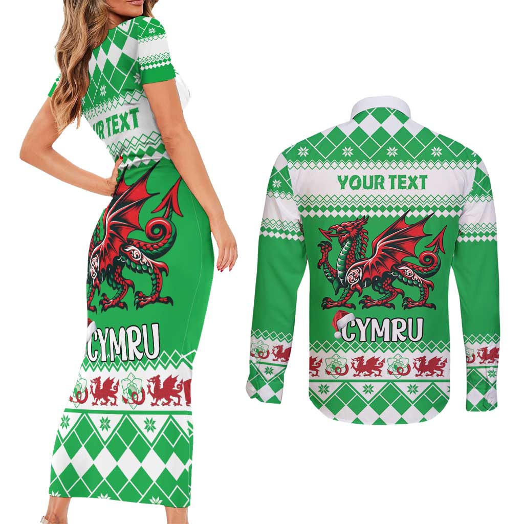 Personalized Wales Christmas Dragon Couples Matching Short Sleeve Bodycon Dress and Long Sleeve Button Shirt Nadolig Llawen Green Version - Wonder Print Shop