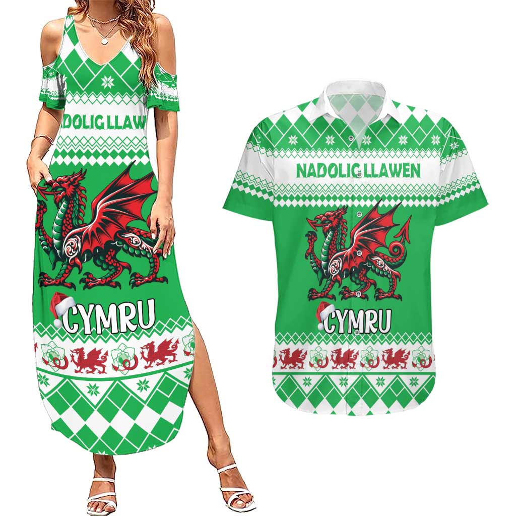 Personalized Wales Christmas Dragon Couples Matching Summer Maxi Dress and Hawaiian Shirt Nadolig Llawen Green Version - Wonder Print Shop