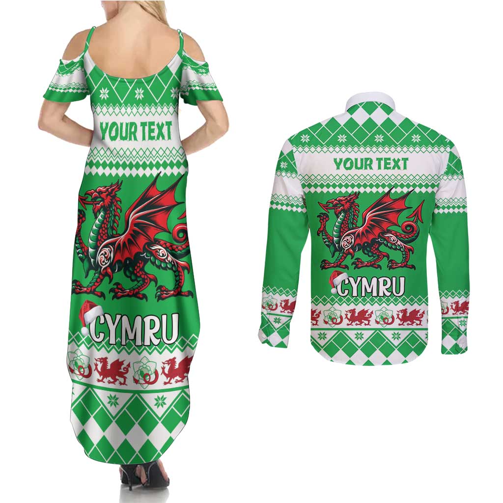 Personalized Wales Christmas Dragon Couples Matching Summer Maxi Dress and Long Sleeve Button Shirt Nadolig Llawen Green Version - Wonder Print Shop