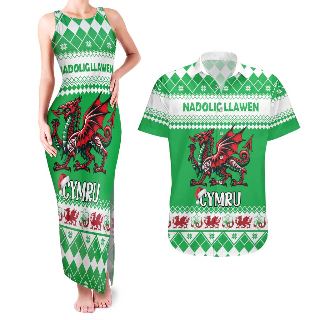 Personalized Wales Christmas Dragon Couples Matching Tank Maxi Dress and Hawaiian Shirt Nadolig Llawen Green Version - Wonder Print Shop