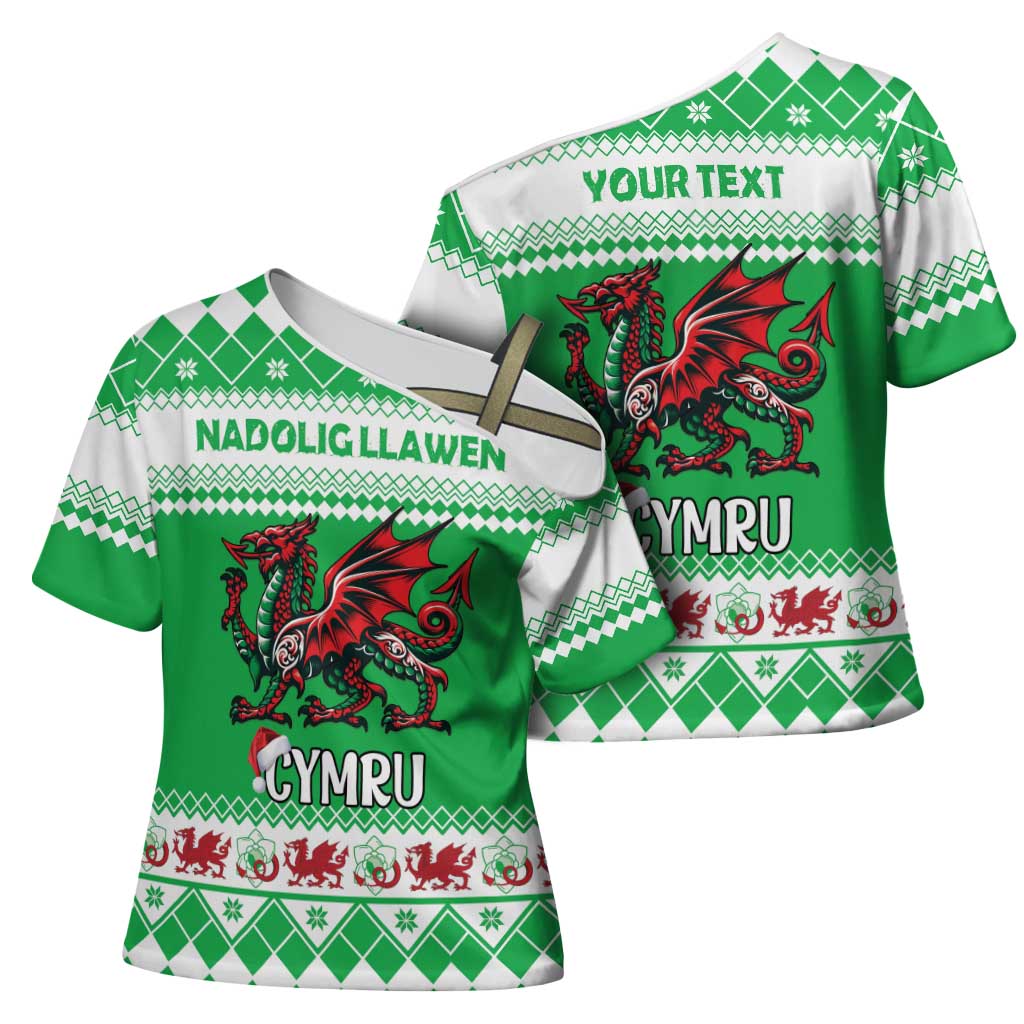 Personalized Wales Christmas Dragon Cross Shoulder Shirt Nadolig Llawen Green Version - Wonder Print Shop
