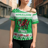Personalized Wales Christmas Dragon Cross Shoulder Shirt Nadolig Llawen Green Version - Wonder Print Shop