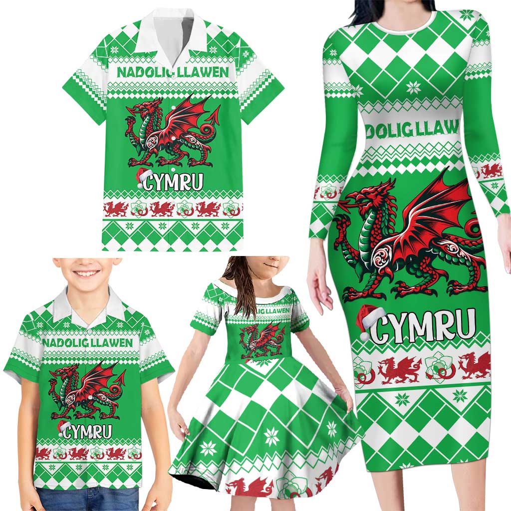 Personalized Wales Christmas Dragon Family Matching Long Sleeve Bodycon Dress and Hawaiian Shirt Nadolig Llawen Green Version - Wonder Print Shop