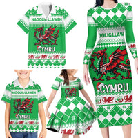 Personalized Wales Christmas Dragon Family Matching Long Sleeve Bodycon Dress and Hawaiian Shirt Nadolig Llawen Green Version - Wonder Print Shop