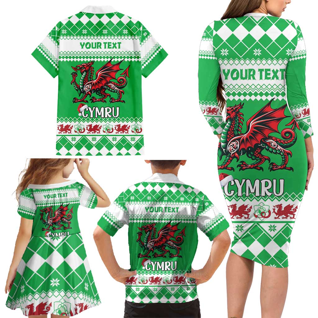Personalized Wales Christmas Dragon Family Matching Long Sleeve Bodycon Dress and Hawaiian Shirt Nadolig Llawen Green Version - Wonder Print Shop