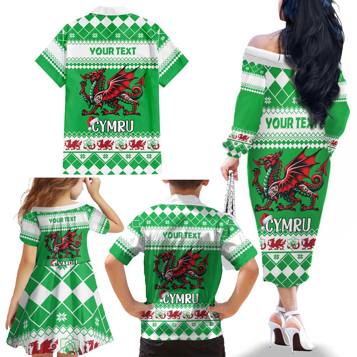 Personalized Wales Christmas Dragon Family Matching Off The Shoulder Long Sleeve Dress and Hawaiian Shirt Nadolig Llawen Green Version - Wonder Print Shop