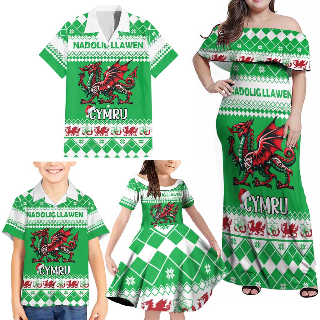Personalized Wales Christmas Dragon Family Matching Off Shoulder Maxi Dress and Hawaiian Shirt Nadolig Llawen Green Version - Wonder Print Shop