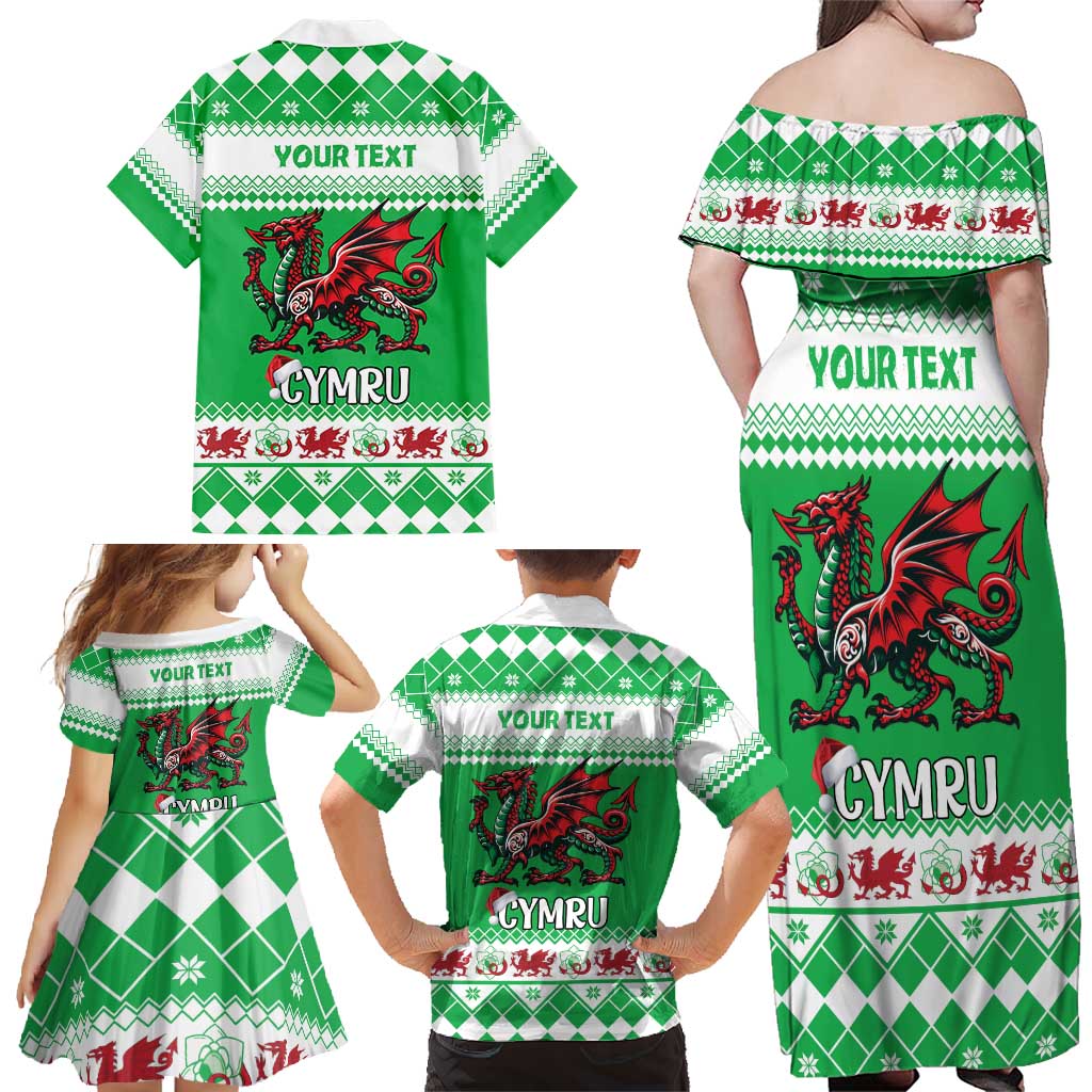 Personalized Wales Christmas Dragon Family Matching Off Shoulder Maxi Dress and Hawaiian Shirt Nadolig Llawen Green Version - Wonder Print Shop