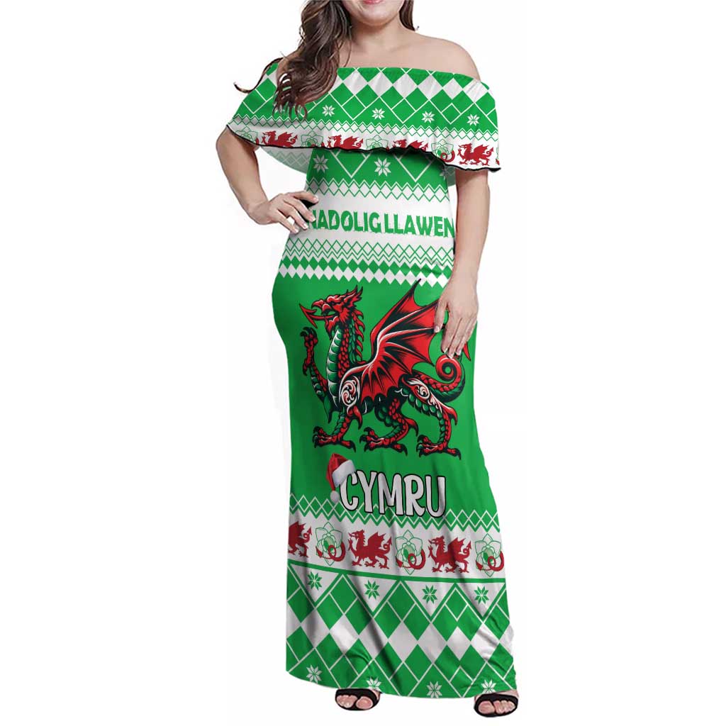 Personalized Wales Christmas Dragon Family Matching Off Shoulder Maxi Dress and Hawaiian Shirt Nadolig Llawen Green Version - Wonder Print Shop
