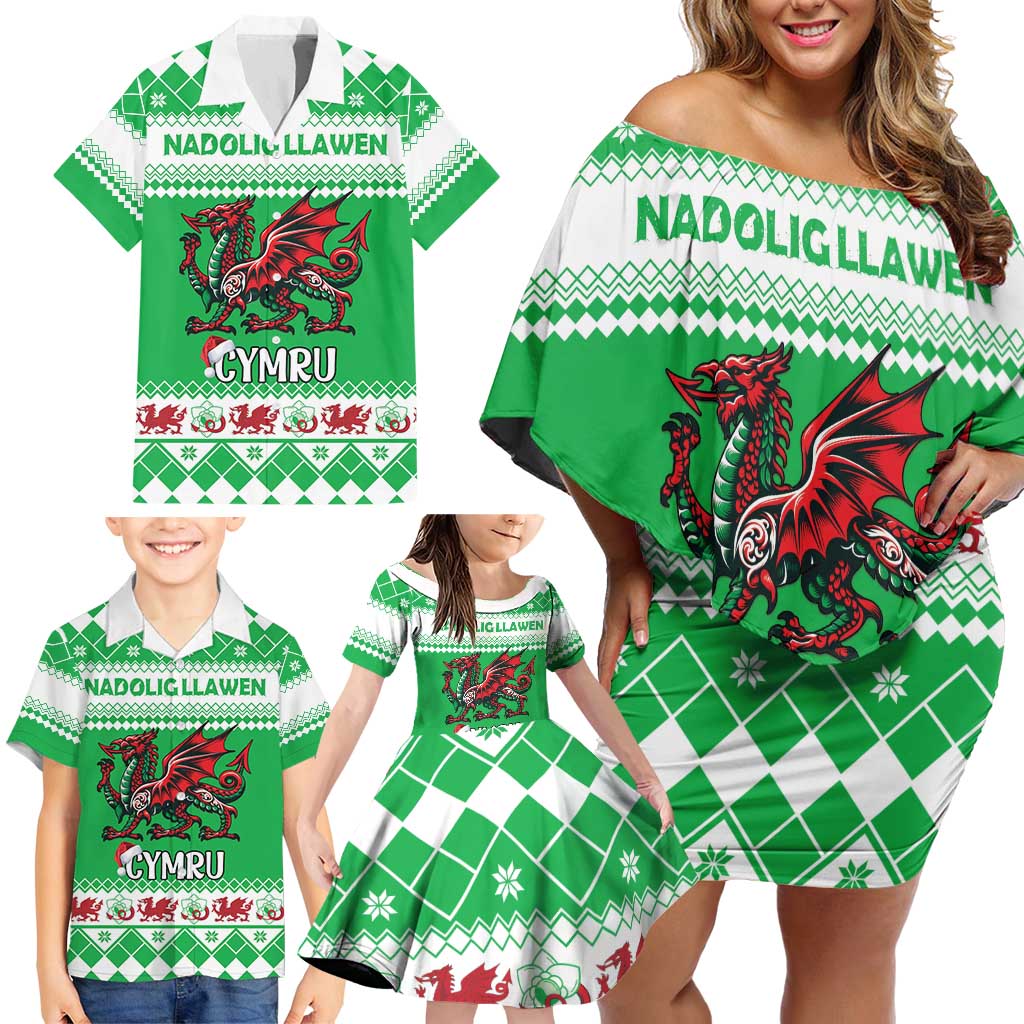 Personalized Wales Christmas Dragon Family Matching Off Shoulder Short Dress and Hawaiian Shirt Nadolig Llawen Green Version - Wonder Print Shop