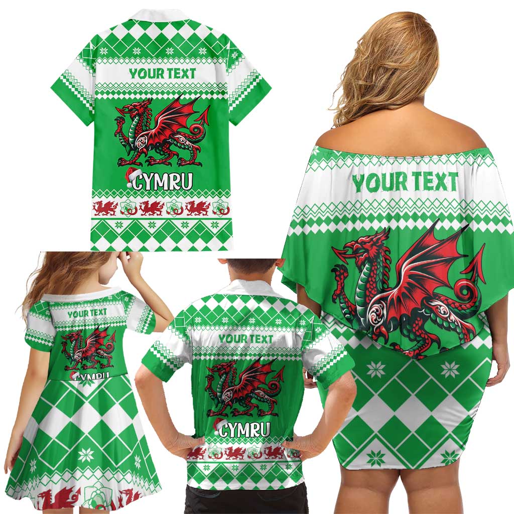 Personalized Wales Christmas Dragon Family Matching Off Shoulder Short Dress and Hawaiian Shirt Nadolig Llawen Green Version - Wonder Print Shop