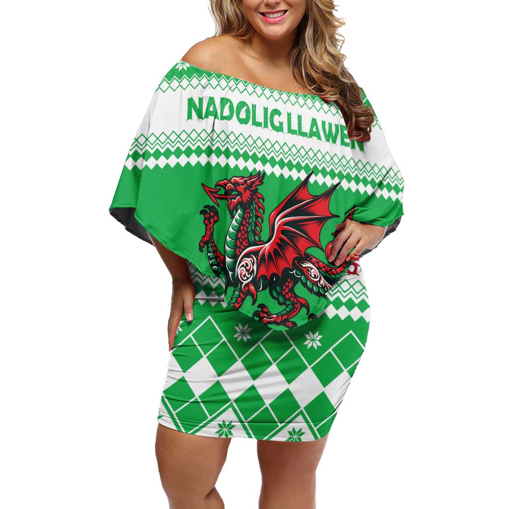 Personalized Wales Christmas Dragon Family Matching Off Shoulder Short Dress and Hawaiian Shirt Nadolig Llawen Green Version - Wonder Print Shop