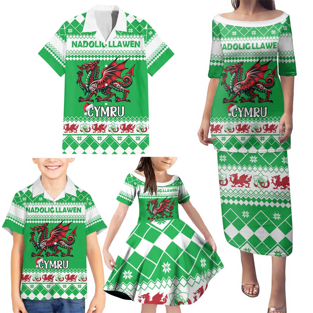 Personalized Wales Christmas Dragon Family Matching Puletasi and Hawaiian Shirt Nadolig Llawen Green Version - Wonder Print Shop