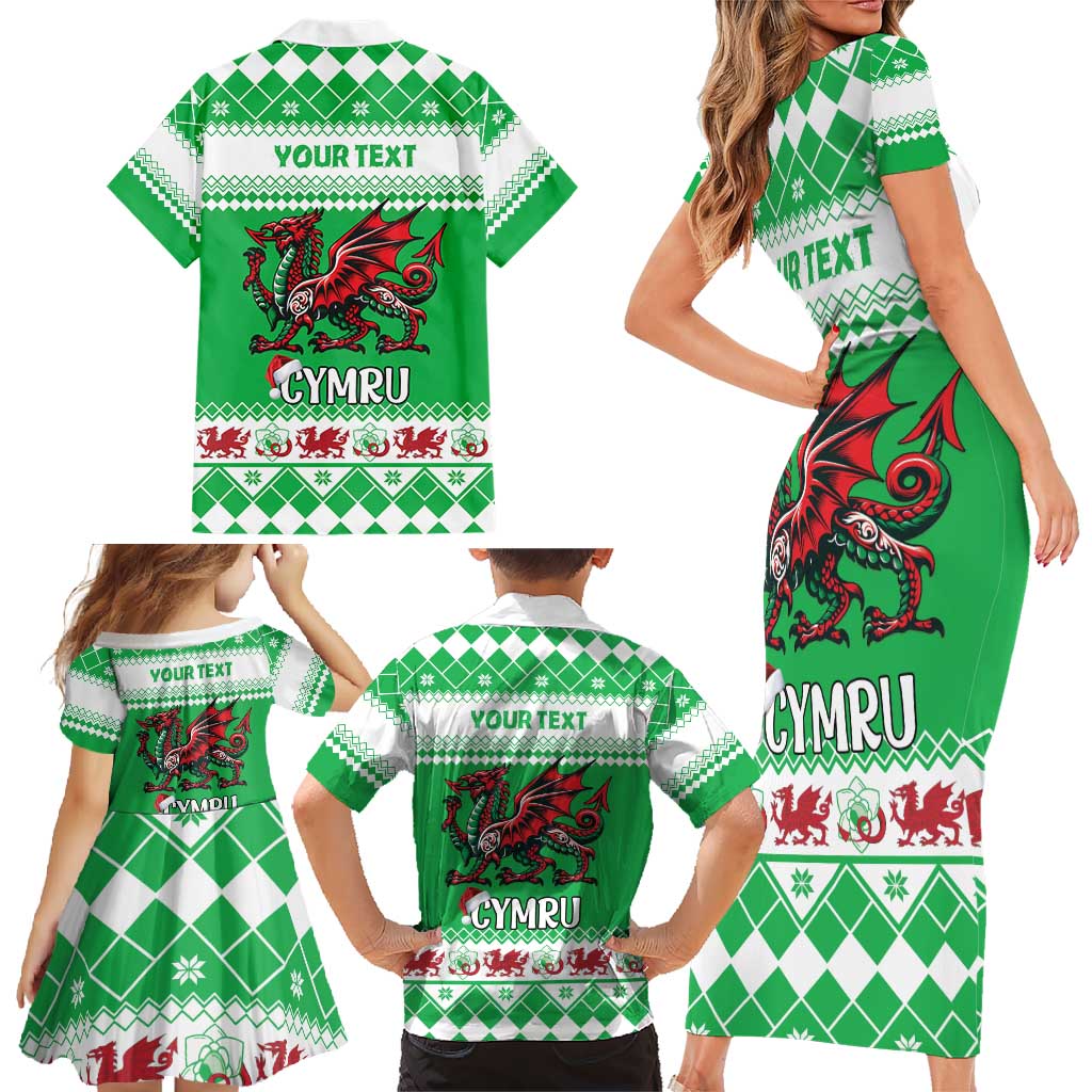 Personalized Wales Christmas Dragon Family Matching Short Sleeve Bodycon Dress and Hawaiian Shirt Nadolig Llawen Green Version - Wonder Print Shop