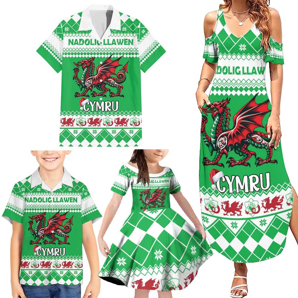 Personalized Wales Christmas Dragon Family Matching Summer Maxi Dress and Hawaiian Shirt Nadolig Llawen Green Version - Wonder Print Shop