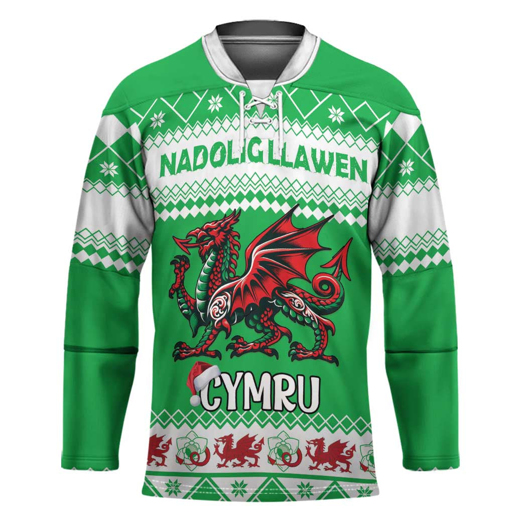 Personalized Wales Christmas Dragon Hockey Jersey Nadolig Llawen Green Version - Wonder Print Shop