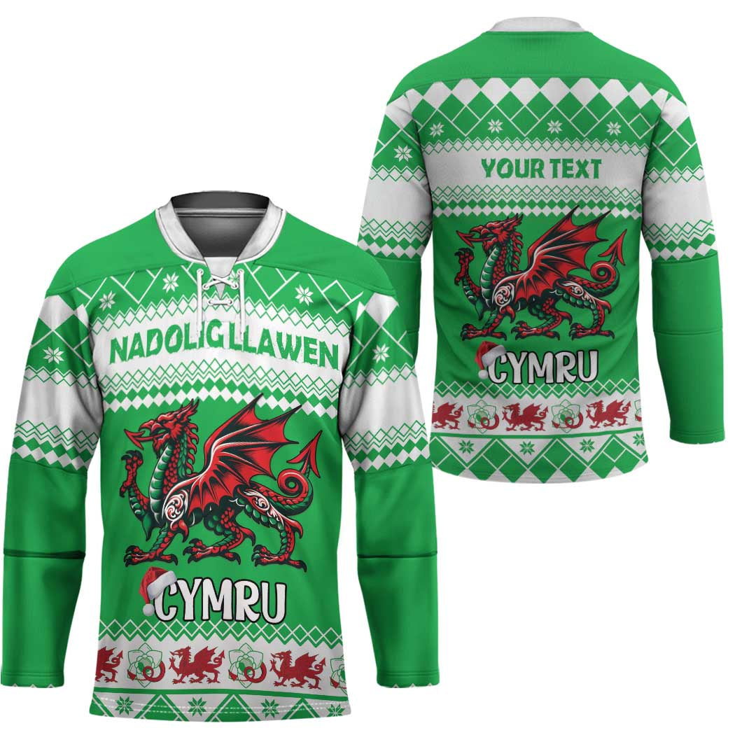 Personalized Wales Christmas Dragon Hockey Jersey Nadolig Llawen Green Version - Wonder Print Shop