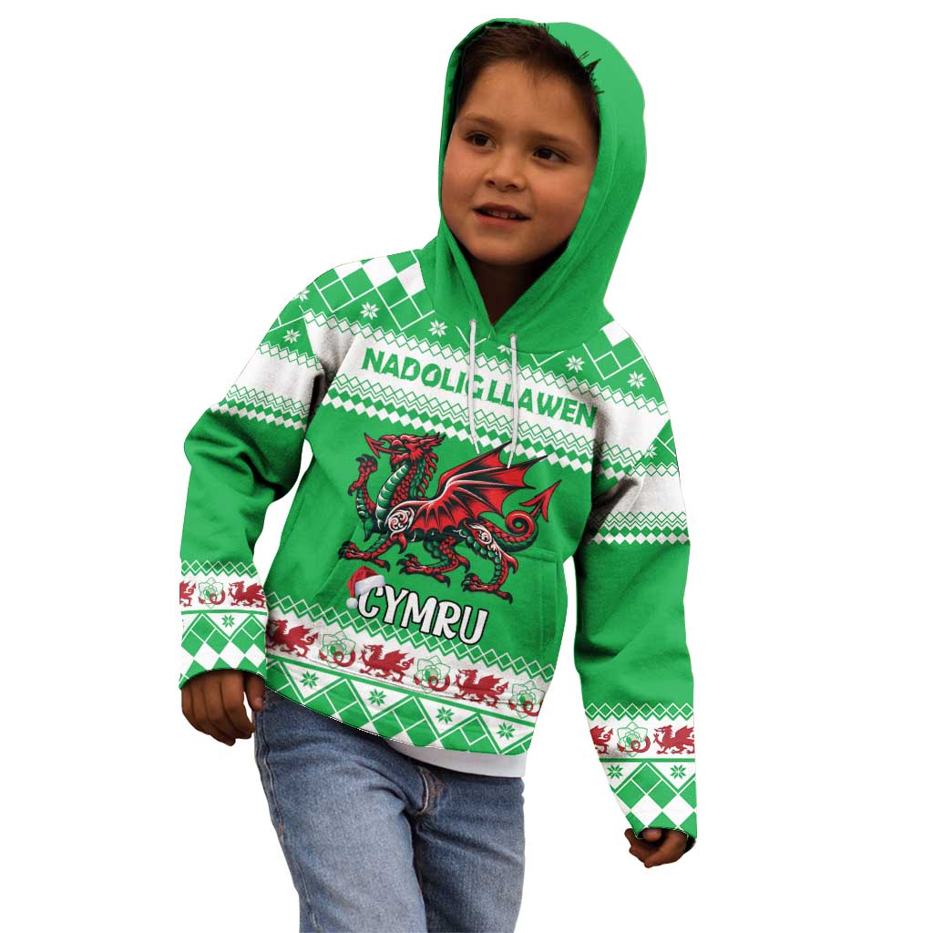 Personalized Wales Christmas Dragon Kid Hoodie Nadolig Llawen Green Version - Wonder Print Shop