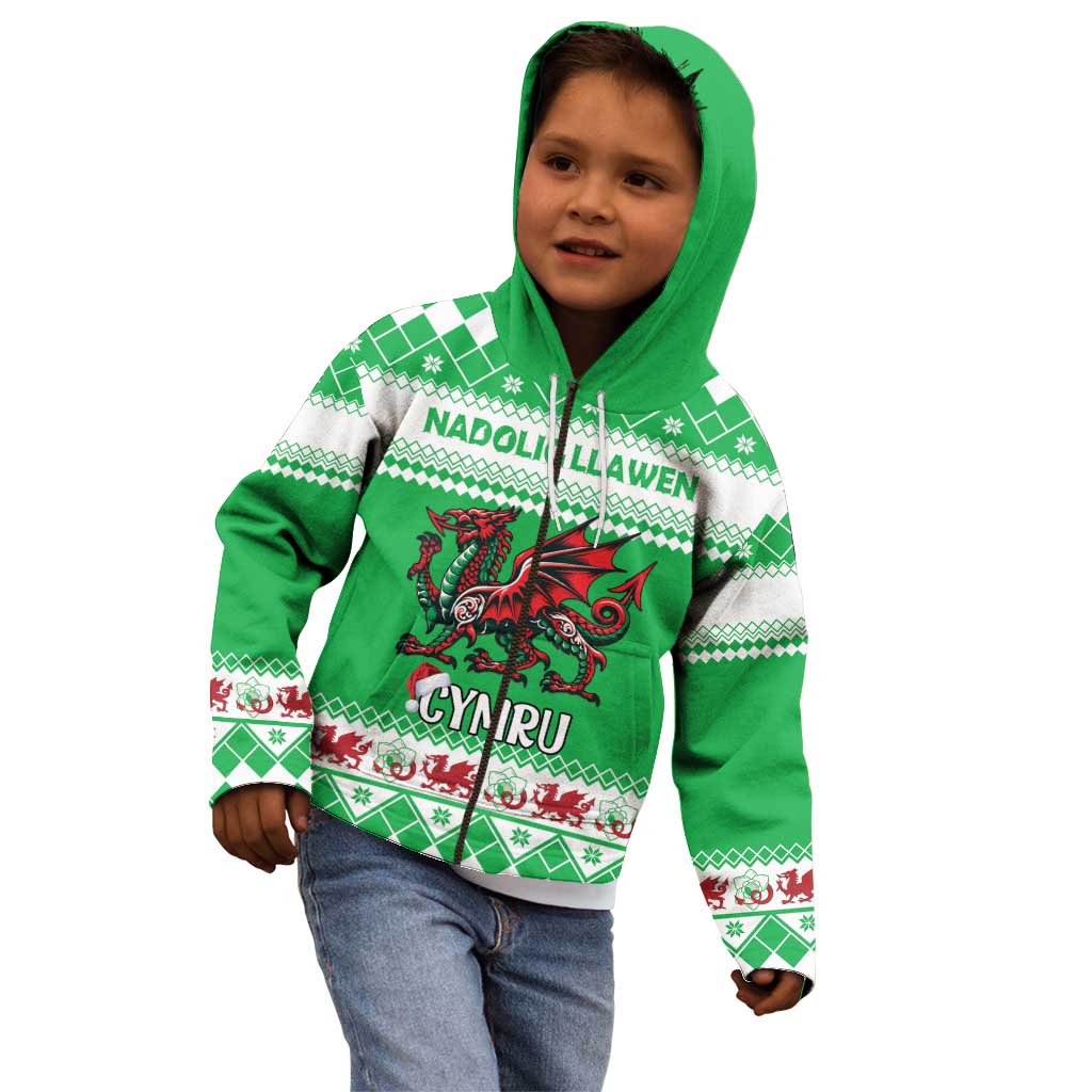 Personalized Wales Christmas Dragon Kid Hoodie Nadolig Llawen Green Version - Wonder Print Shop
