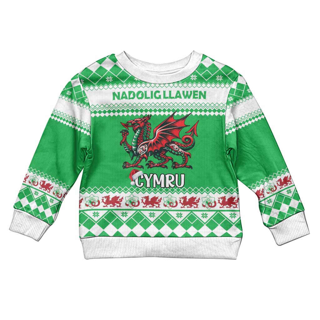 Personalized Wales Christmas Dragon Kid Ugly Christmas Sweater Nadolig Llawen Green Version - Wonder Print Shop