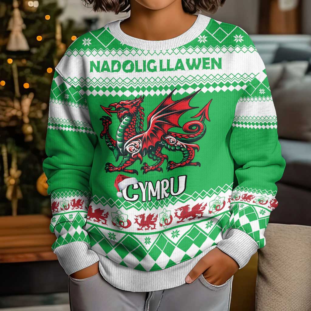 Personalized Wales Christmas Dragon Kid Ugly Christmas Sweater Nadolig Llawen Green Version - Wonder Print Shop