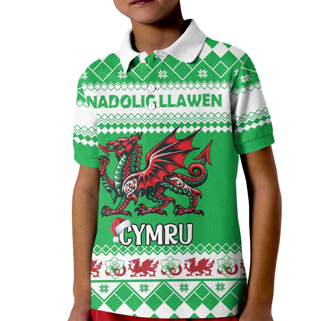 Personalized Wales Christmas Dragon Kid Polo Shirt Nadolig Llawen Green Version - Wonder Print Shop