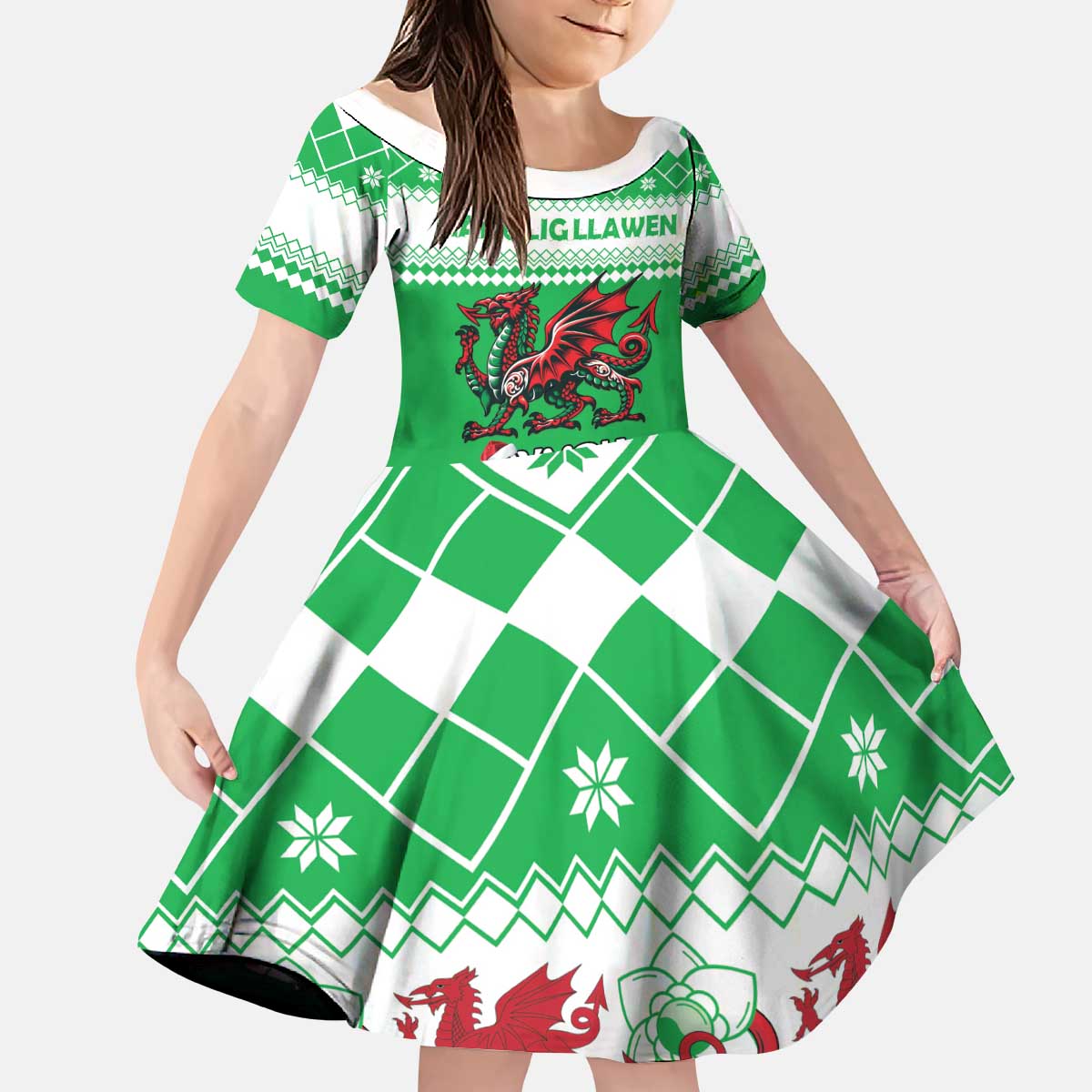 Personalized Wales Christmas Dragon Kid Short Sleeve Dress Nadolig Llawen Green Version - Wonder Print Shop