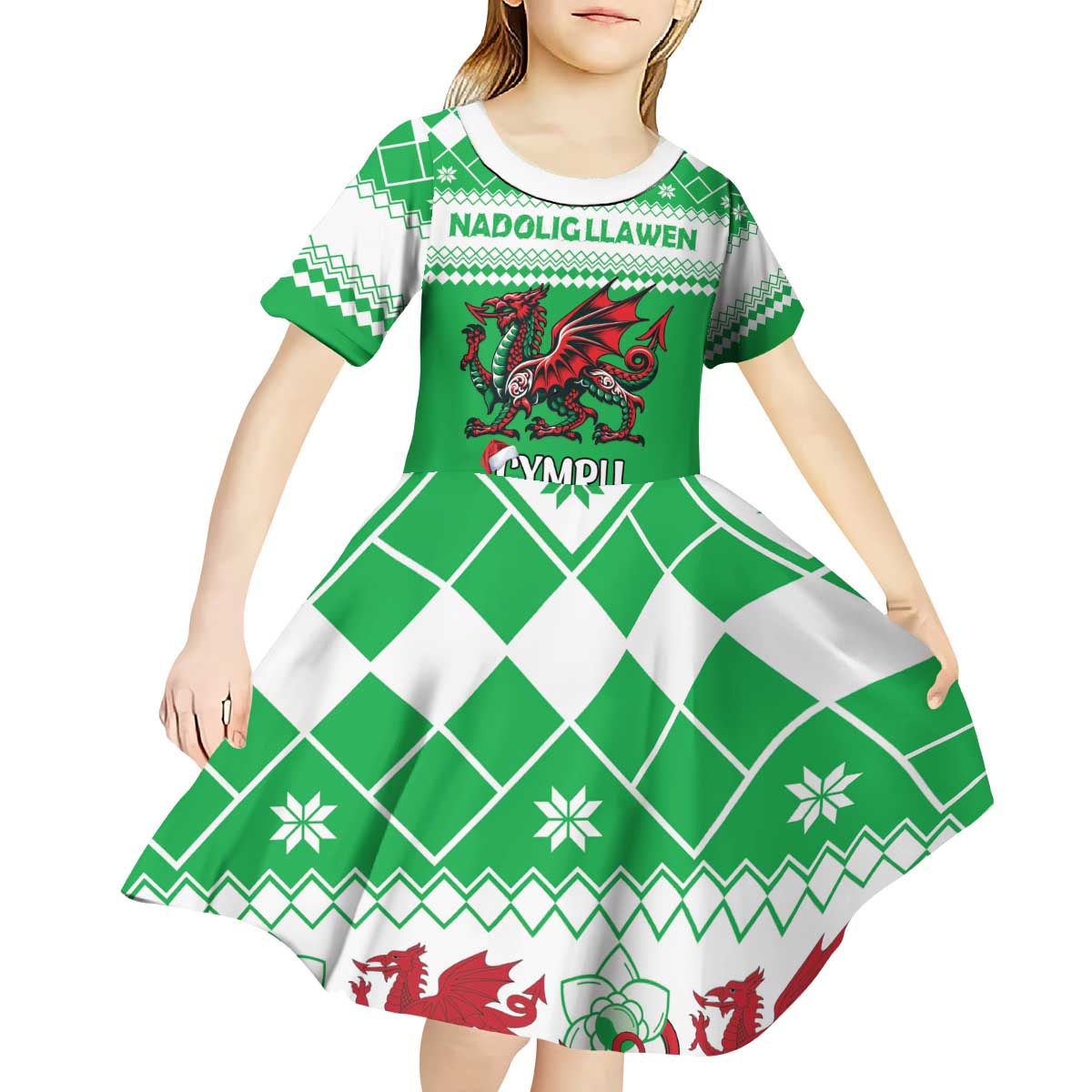 Personalized Wales Christmas Dragon Kid Short Sleeve Dress Nadolig Llawen Green Version - Wonder Print Shop