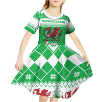 Personalized Wales Christmas Dragon Kid Short Sleeve Dress Nadolig Llawen Green Version - Wonder Print Shop