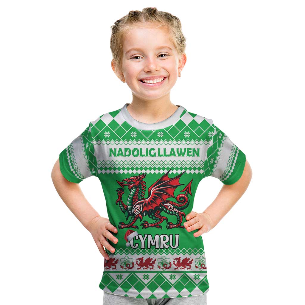 Personalized Wales Christmas Dragon Kid T Shirt Nadolig Llawen Green Version - Wonder Print Shop