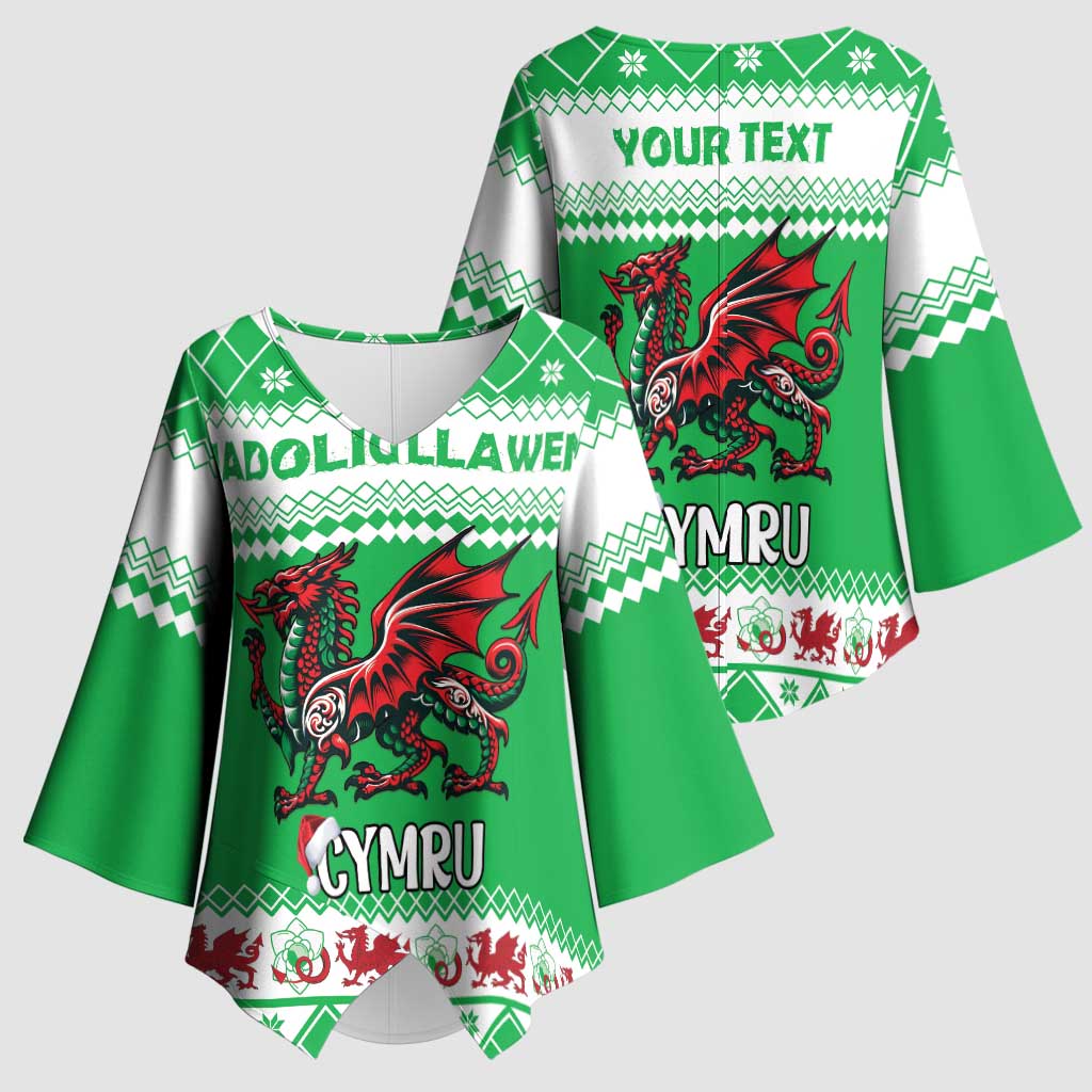 Personalized Wales Christmas Dragon Kimono Sleeve Blouse Nadolig Llawen Green Version - Wonder Print Shop